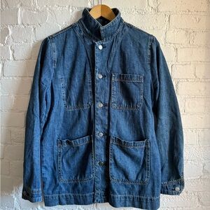 Everlane Blue Jean Jacket with Utility Style and Stand-Up Collar